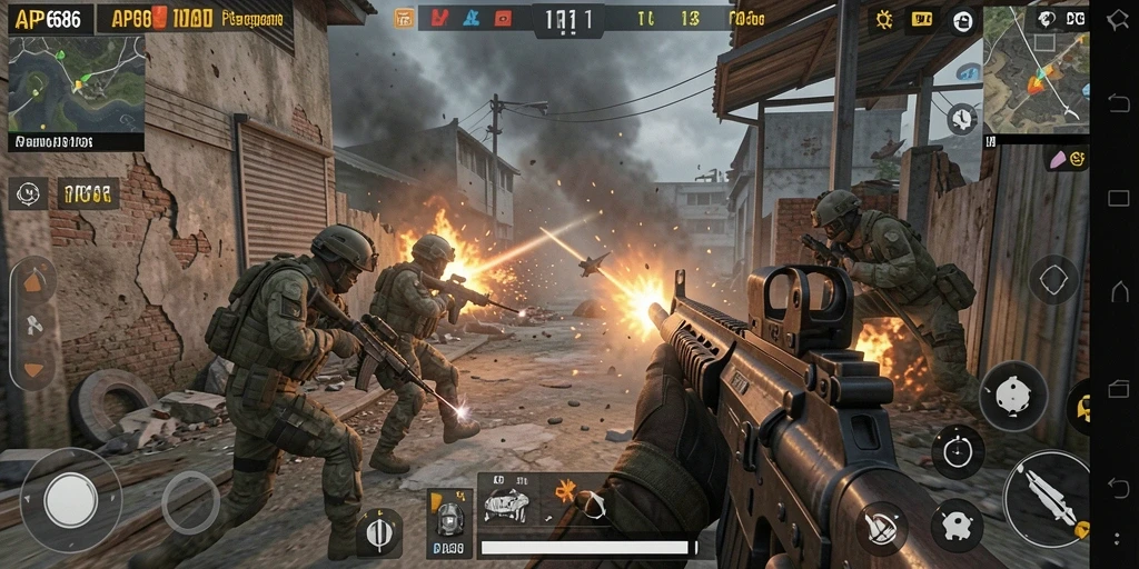 Tangkapan layar AP686 menampilkan aksi pertempuran FPS yang mendebarkan.