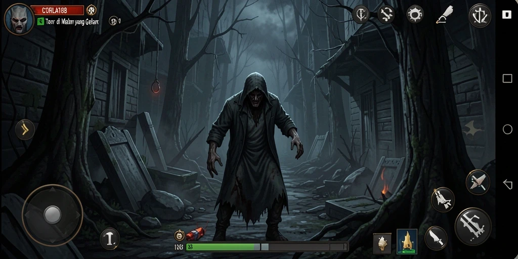 Screenshot gameplay CORLA188 menampilkan suasana menyeramkan yang mencekam.