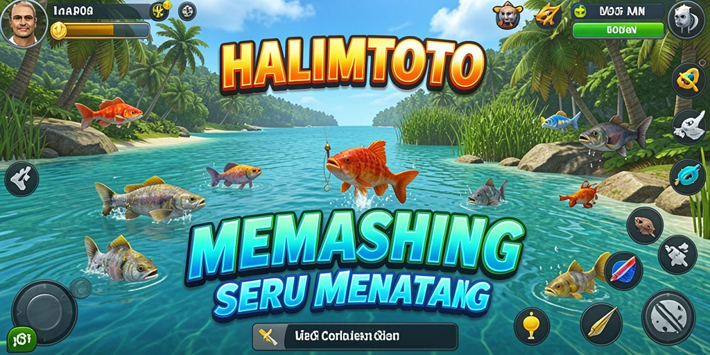Tampilan screenshot HALIMTOTO menunjukkan pemain menangkap ikan besar di lokasi indah.
