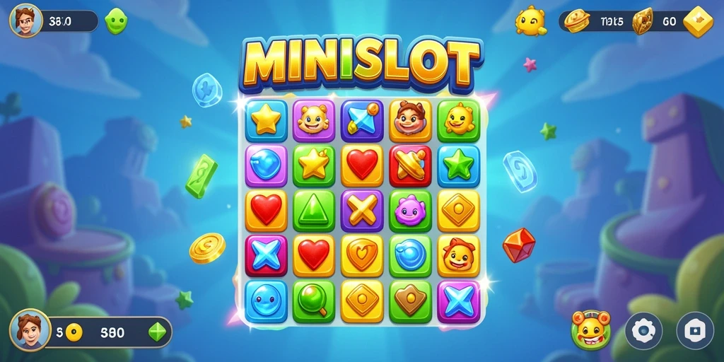 Tampilan gameplay seru di MINISLOT dengan menyusun elemen Match-3.