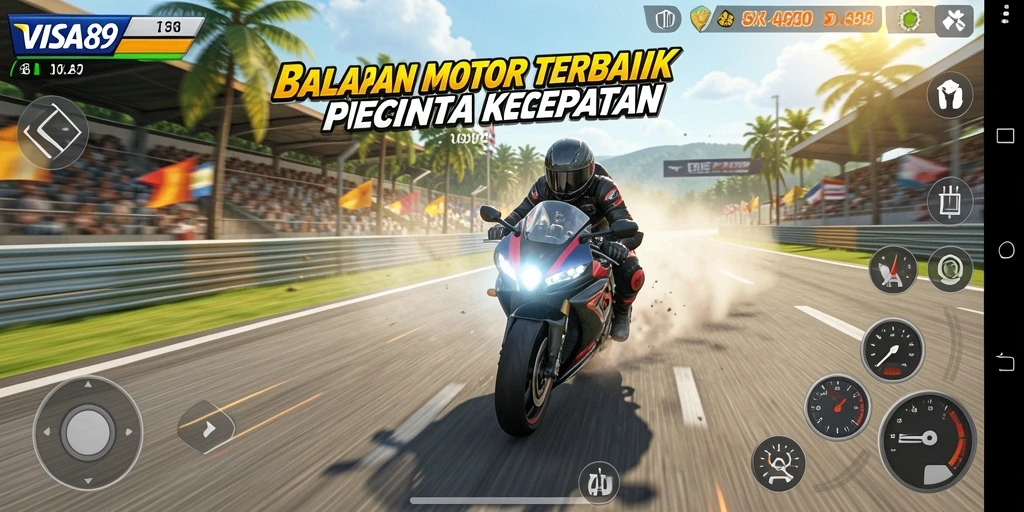 Tampilan gameplay intens dari balapan motor di VISA89.